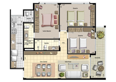 Modelo de apartamento com 3 quartos